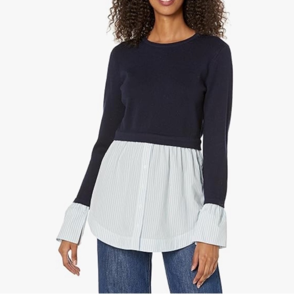 ✅ Club Monaco Blue White/Blue Striped Berdine Wool Bell Cuffs Sweater Shirt S/P
